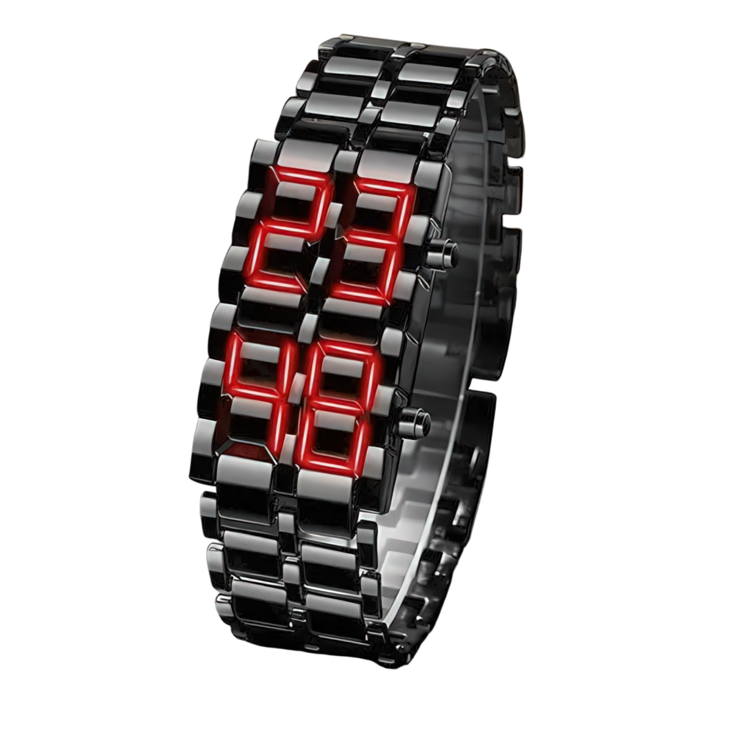 Наручные электронные часы с LED-подсветкой и металлическим браслетом с красной подсветкой Черный