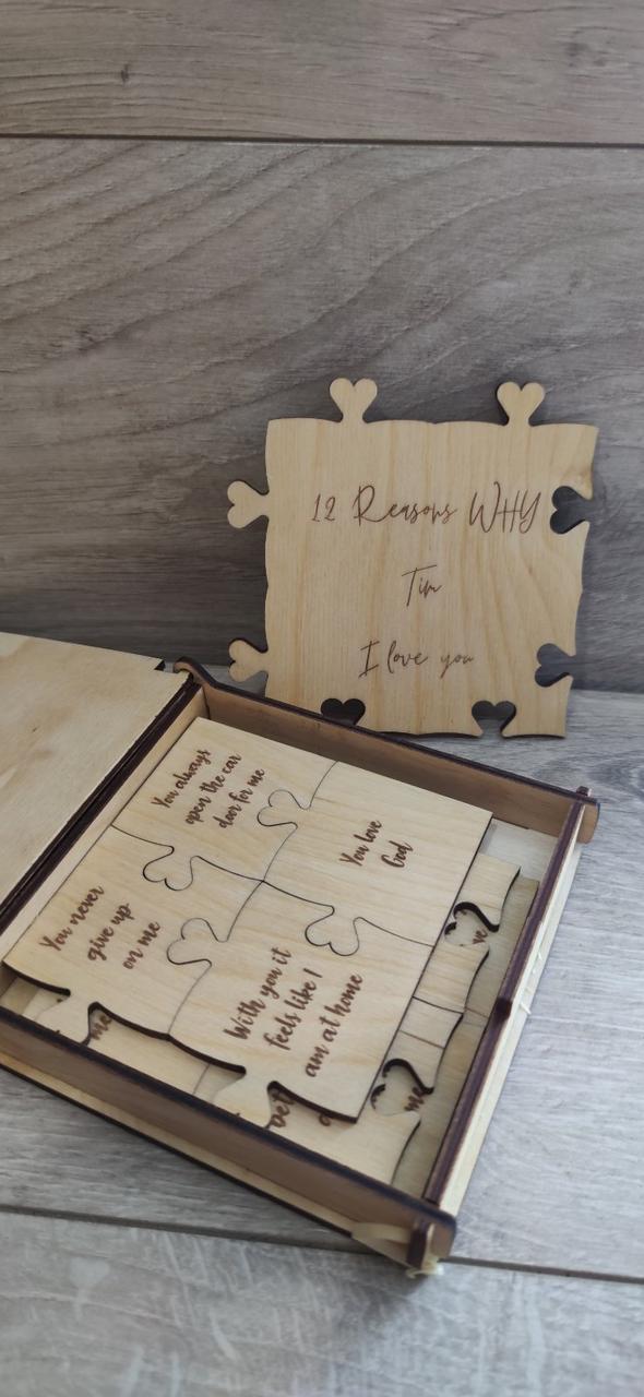 Пазл деревянный 12 причин почему Я люблю тебя в деревянной коробочке (KG-4840)