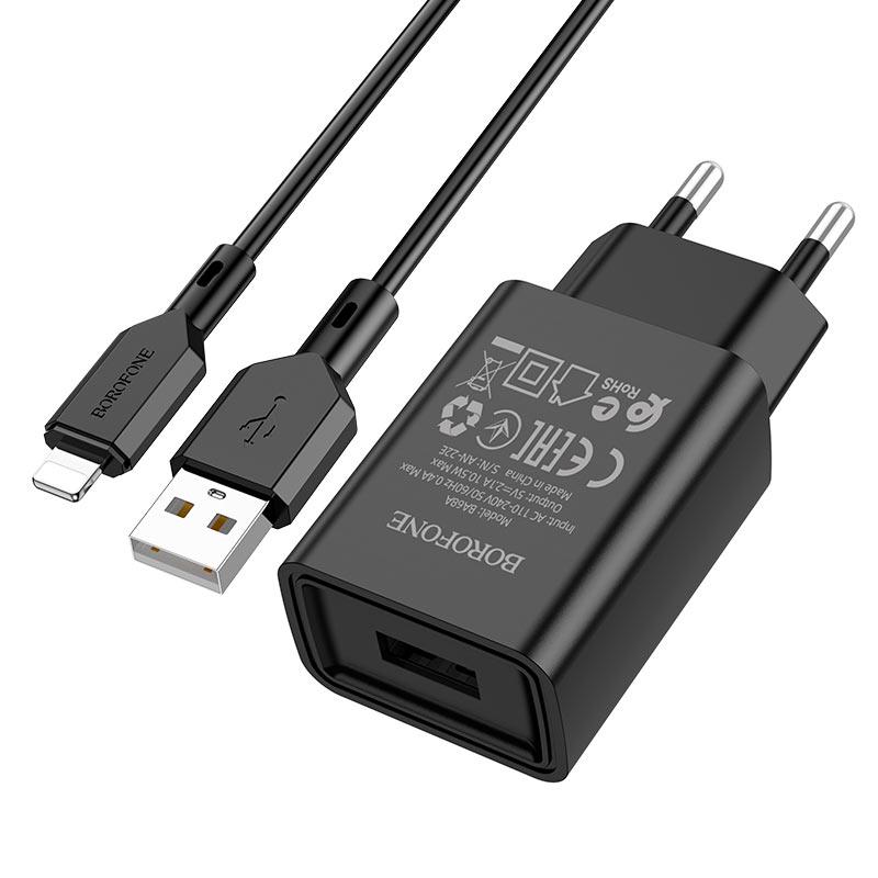 Зарядний пристрій мережевий Borofone BA68ALB Glacier single port charger set iP Black