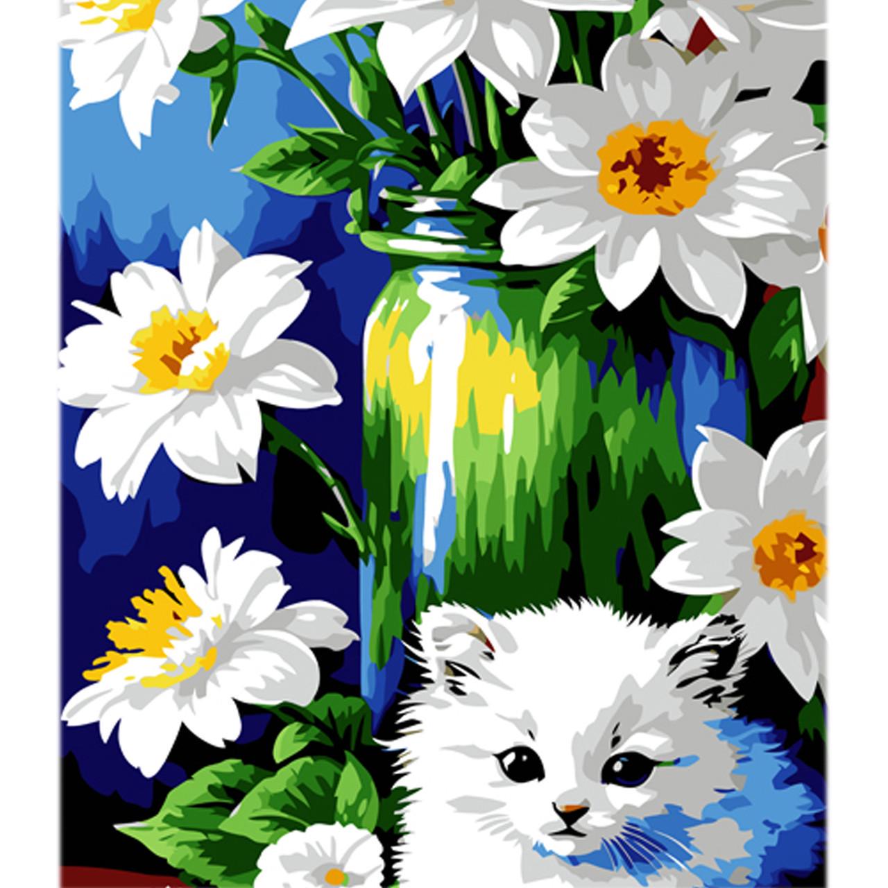 Картина по номерам Strateg Котенок среди нарциссов на цветном фоне 40х50 см (MZ043)