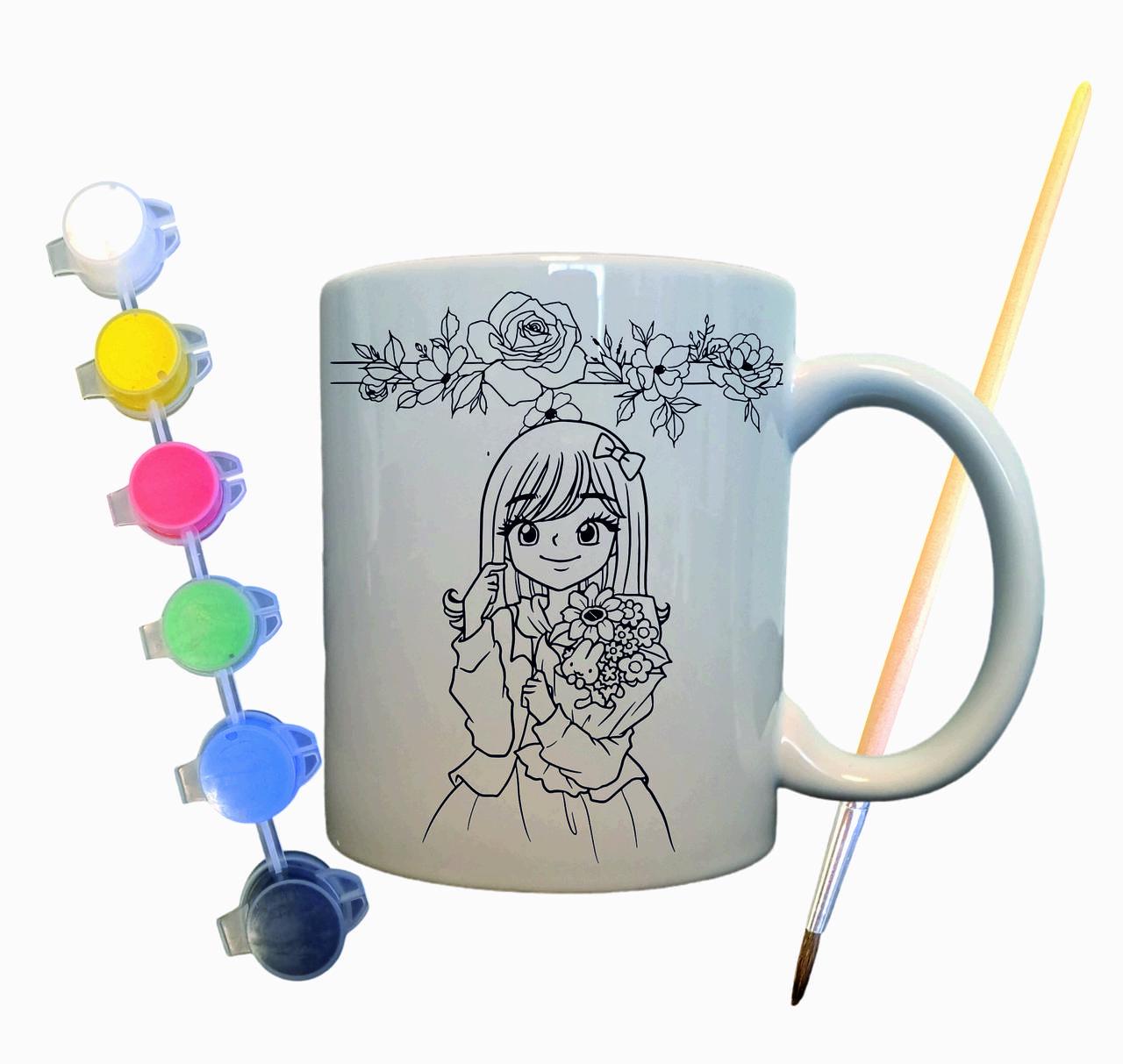 Набор для творчества кружка раскраска Девушка с цветами 330 мл Белый (КР0004)