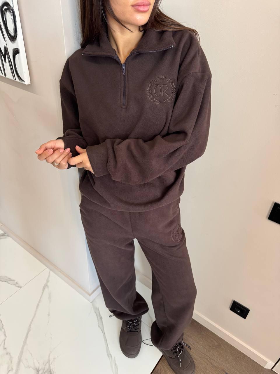 Прогулочный костюм женский Lemon oversize из флиса кофта на молнии/штаны р. 46-48 Шоколадный (od-11133-1)