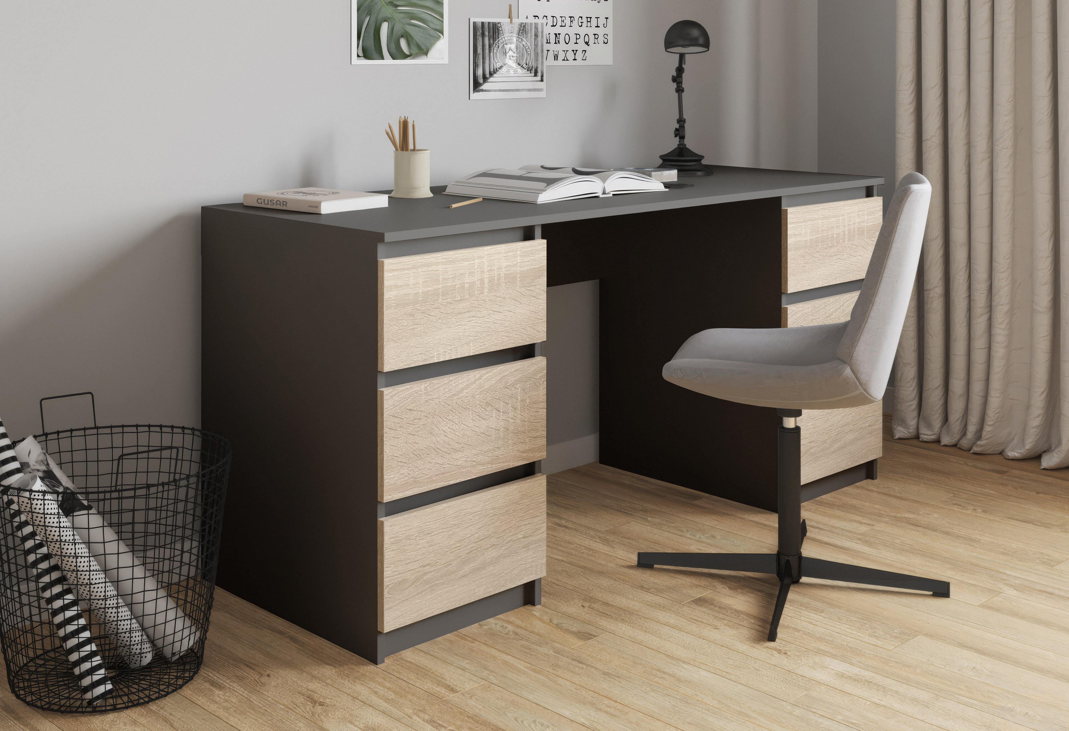 Письменный стол на 6 ящиков без ручек FT-228 1580х600х758 мм Антрацит/Дуб Сонома