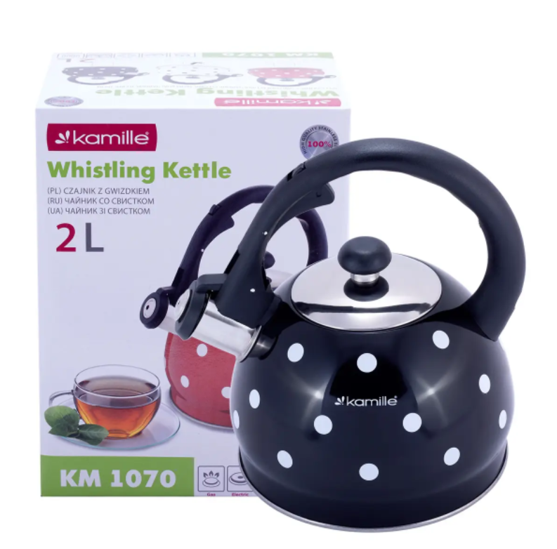 Чайник Kamille KM-1070 из нержавеющей стали со свистком для индукции и газа 2 л Черный (NA002370)