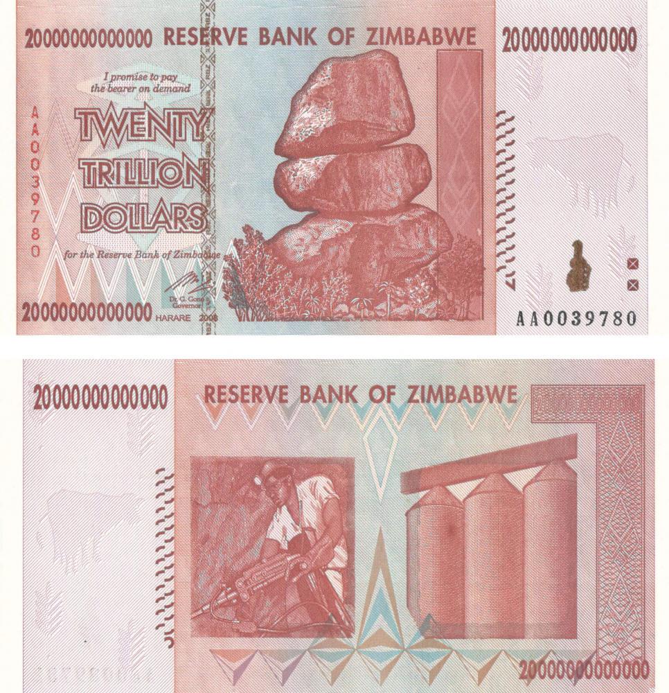 Коллекционная банкнота Зимбабве 20000000000000 долларов 2008 UNC 20 триллионов P89 (Б08515)