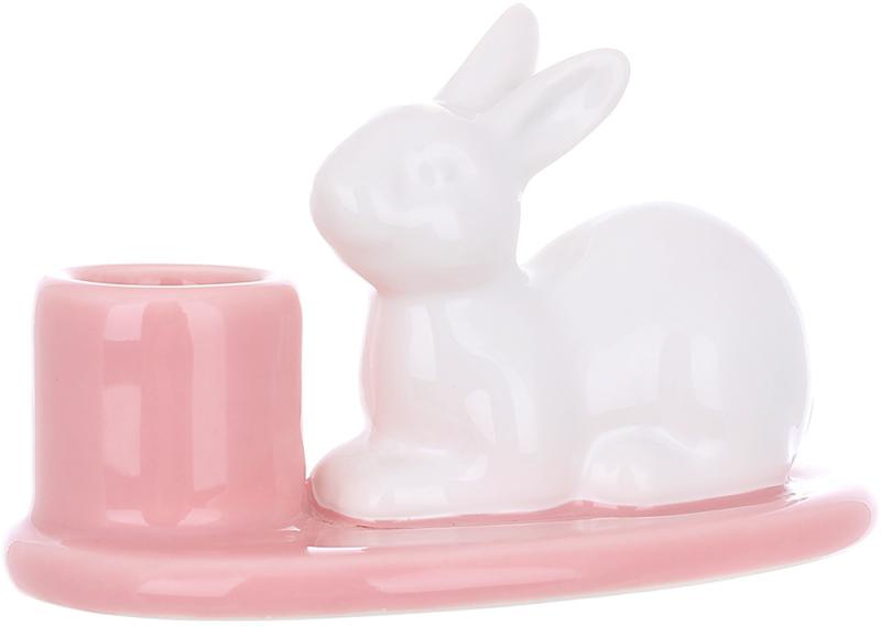 Подсвечник керамический Белый Кролик 10х6,5х6,5 см Розово-белый