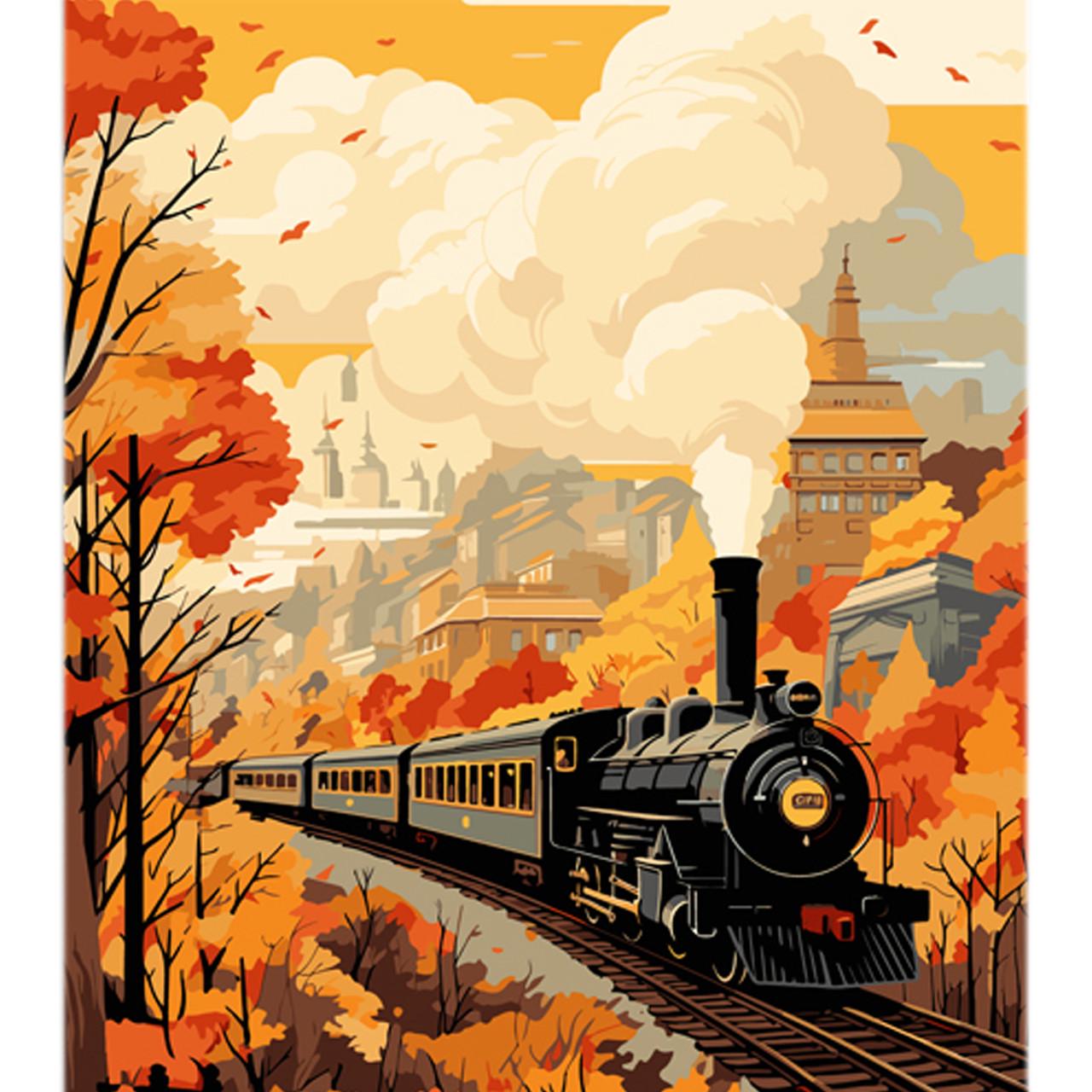 Картина по номерам Strateg Поезд и осенний пейзаж на цветном фоне 40х50 см (MZ072)