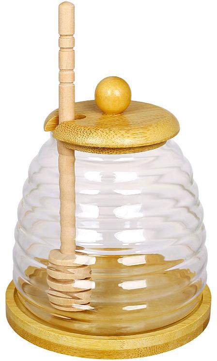 Медовница стеклянная Rauma с деревянной ложкой и подставкой 480 мл