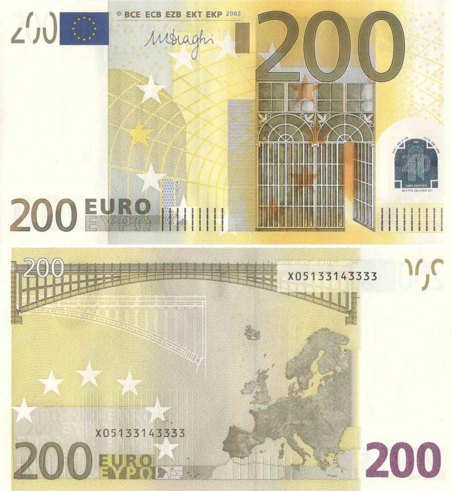 Коллекционная банкнота Германия 200 евро 2002 Х Е002 Драги UNC (Б08701)