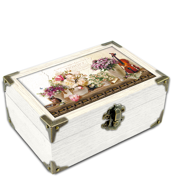 Шкатулка деревянная-эко Прованс Букет пион и скрипка 10х15 см Белый (пршк0506бп10х10)