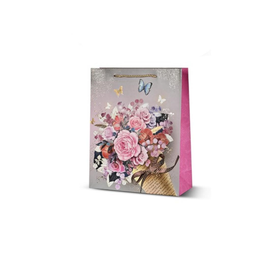 Подарочный пакет бумажный Stenson Flower dance R95501-S 18х23х8 см Серо-бежевый с розовым (23688776)