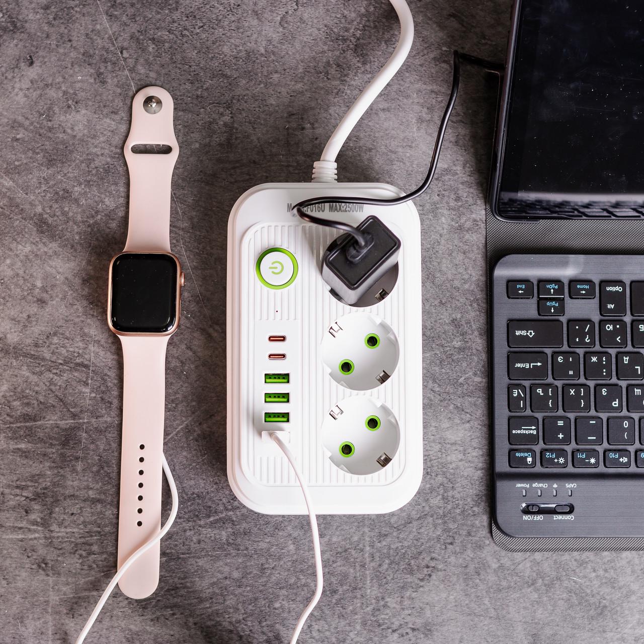 Удлинитель F16 на 3 розетки 4 usb 2 type-c и кнопкой отключения 2,7 м Белый (HP-5-19) - фото 2