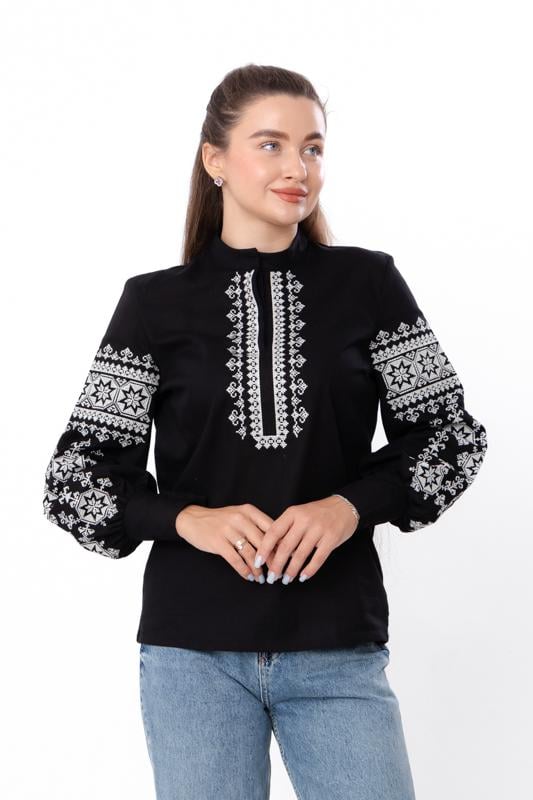 Вишиванка лляна жіноча з об'ємними рукавами та високим коміром Носи Своє р. 50 Чорний (8409-132-22)