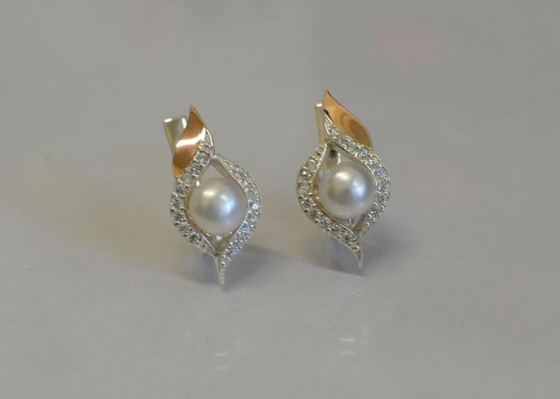 Серебряные серьги Sil с жемчугом 110s-2 Фианит (Sil-908)