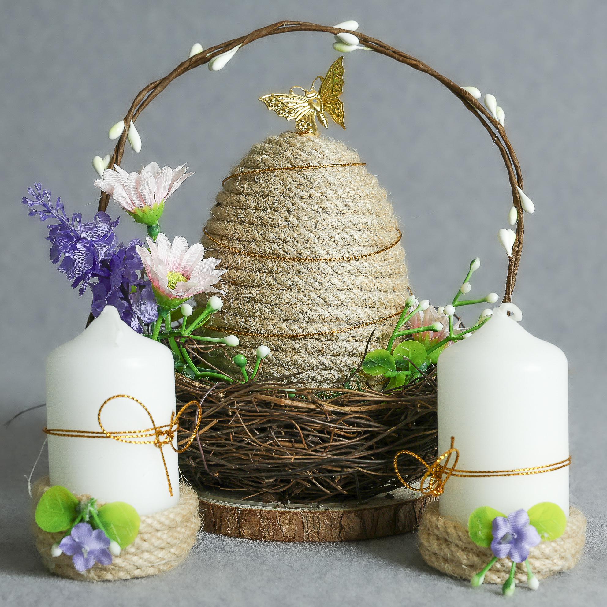 Великодня композиція GALA DECOR з великим джутовим яйцем та свічками в дерев'яних прутиках (КЕ1512С)