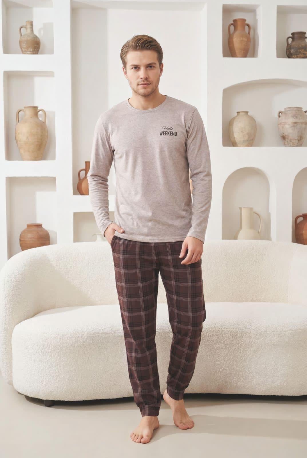 Пижама мужская хлопчатобумажная Weekend лонгслив и брюки в клетку L Коричневый (Ni93567меланж беж)