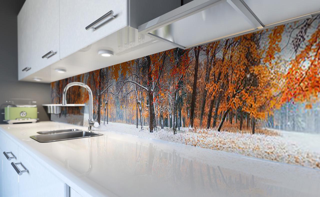 Кухонный фартук Поздняя осень снег деревья из самоклеющейся виниловой пленки 65х250 см Оранжевый