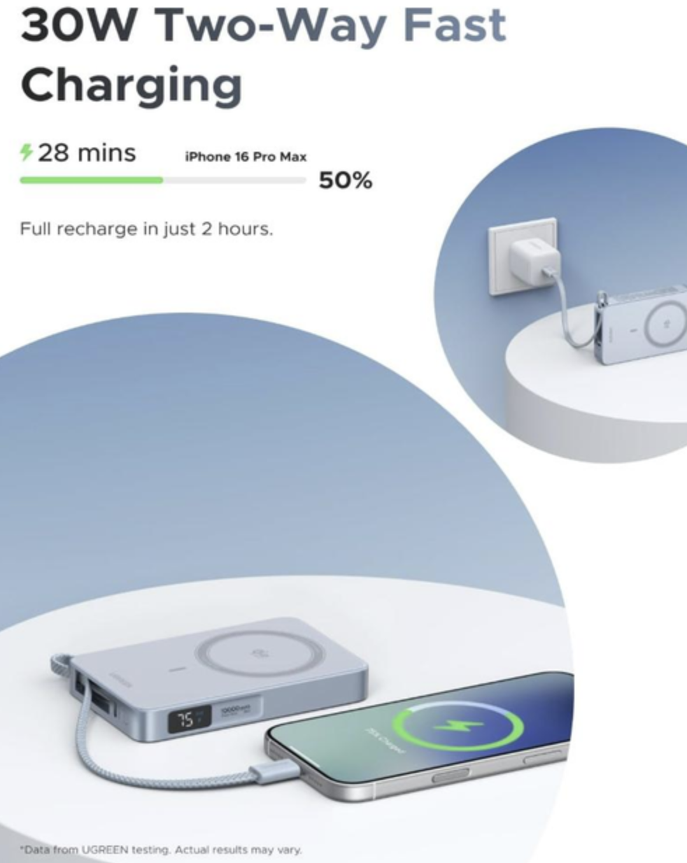 Магнитная батарея UGREEN MagFlow 10000 mAh Qi2 25W со встроенным кабелем и дисплеем - фото 3 Магнитная батарея UGREEN MagFlow 10000 mAh Qi2 25W со встроенным кабелем и дисплеем - фото 3