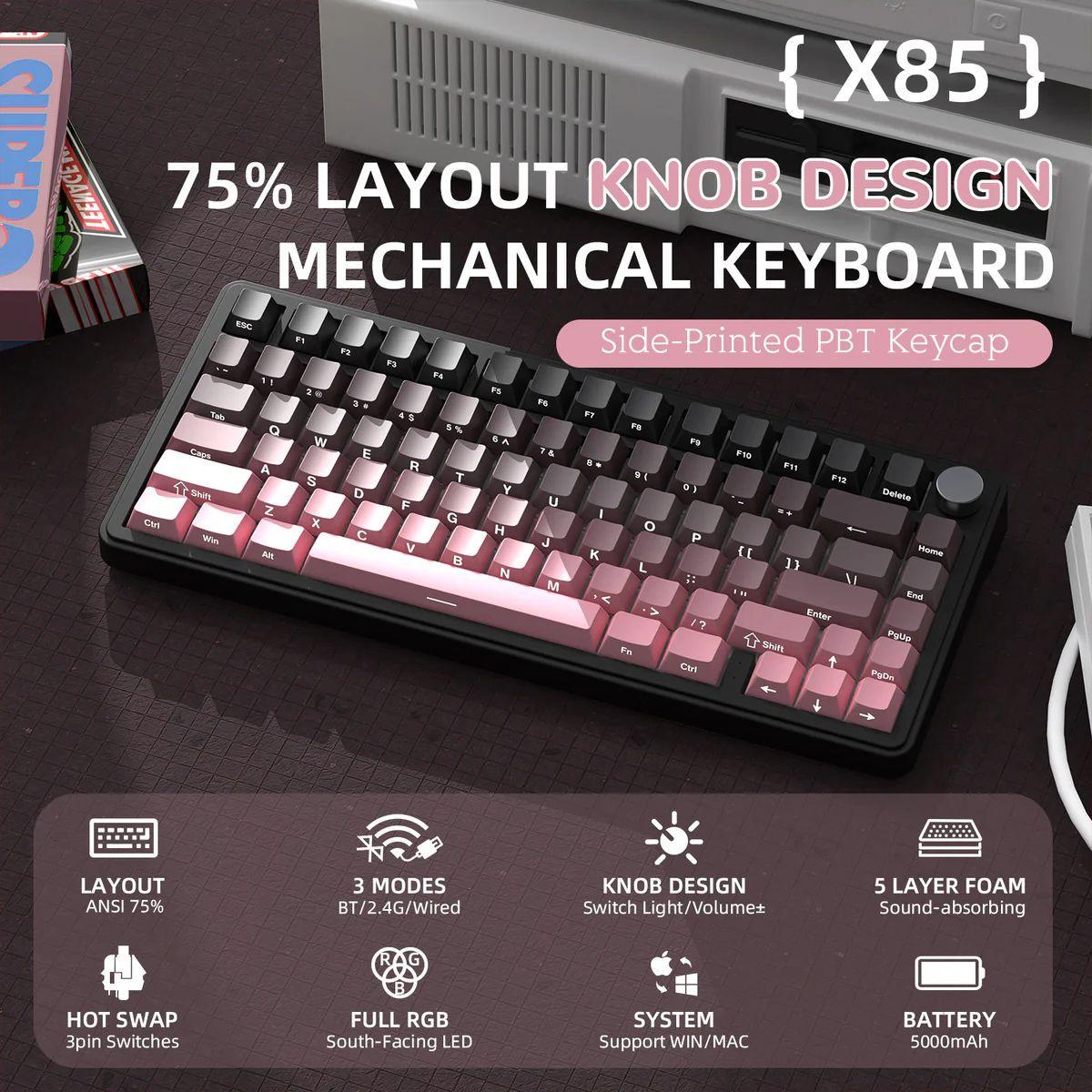 Клавиатура беспроводная attack shark X85 75% с боковой гравировкой и RGB подсветкой Pink (2519913225) - фото 6 Клавиатура беспроводная attack shark X85 75% с боковой гравировкой и RGB подсветкой Pink (2519913225) - фото 6