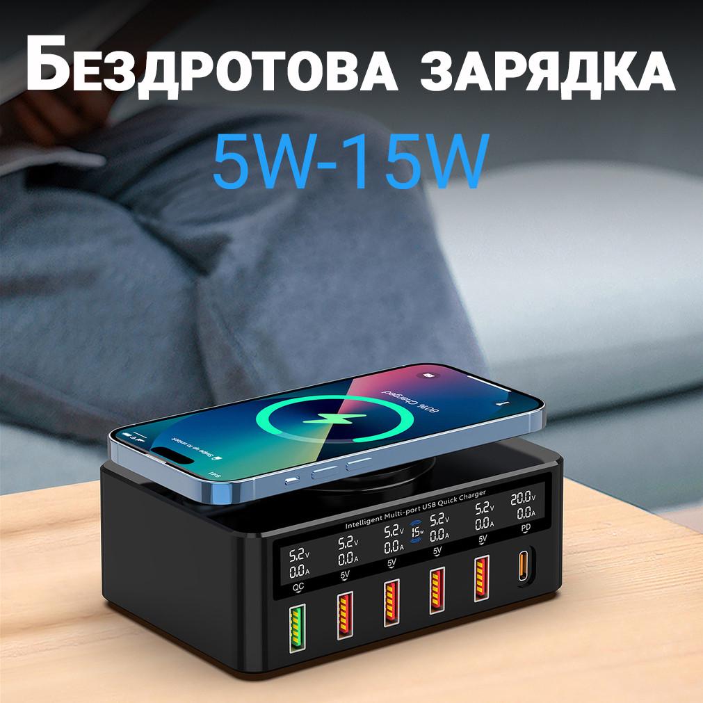 Док-станція зарядна Addap MCS-818H швидкісна на 5 USB-A/1 Type-C порт з бездротовою зарядкою PD QC 100W - фото 10