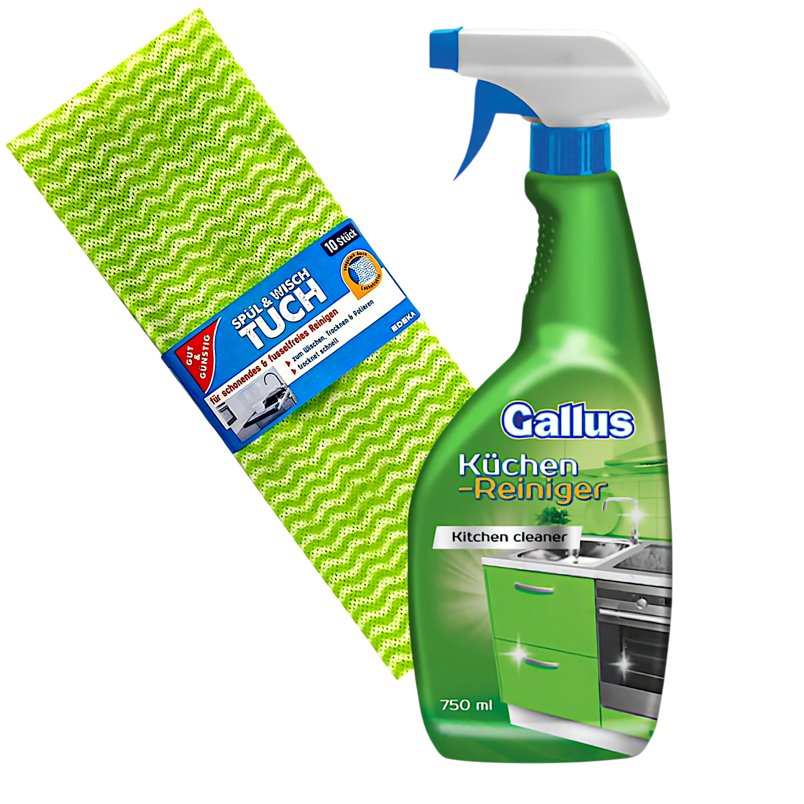 Набор очиститель кухонных поверхностей Gallus Spray Kuchen-Reiniger 750 мл и тряпка Gut&Gunstig Spul-Wischtuch 10 шт. 38х50 см (300674/576489)