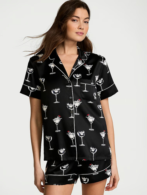Піжама сорочка/шорти сатинова Victoria's Secret Satin Short Pajama Set L Чорний (26953706)