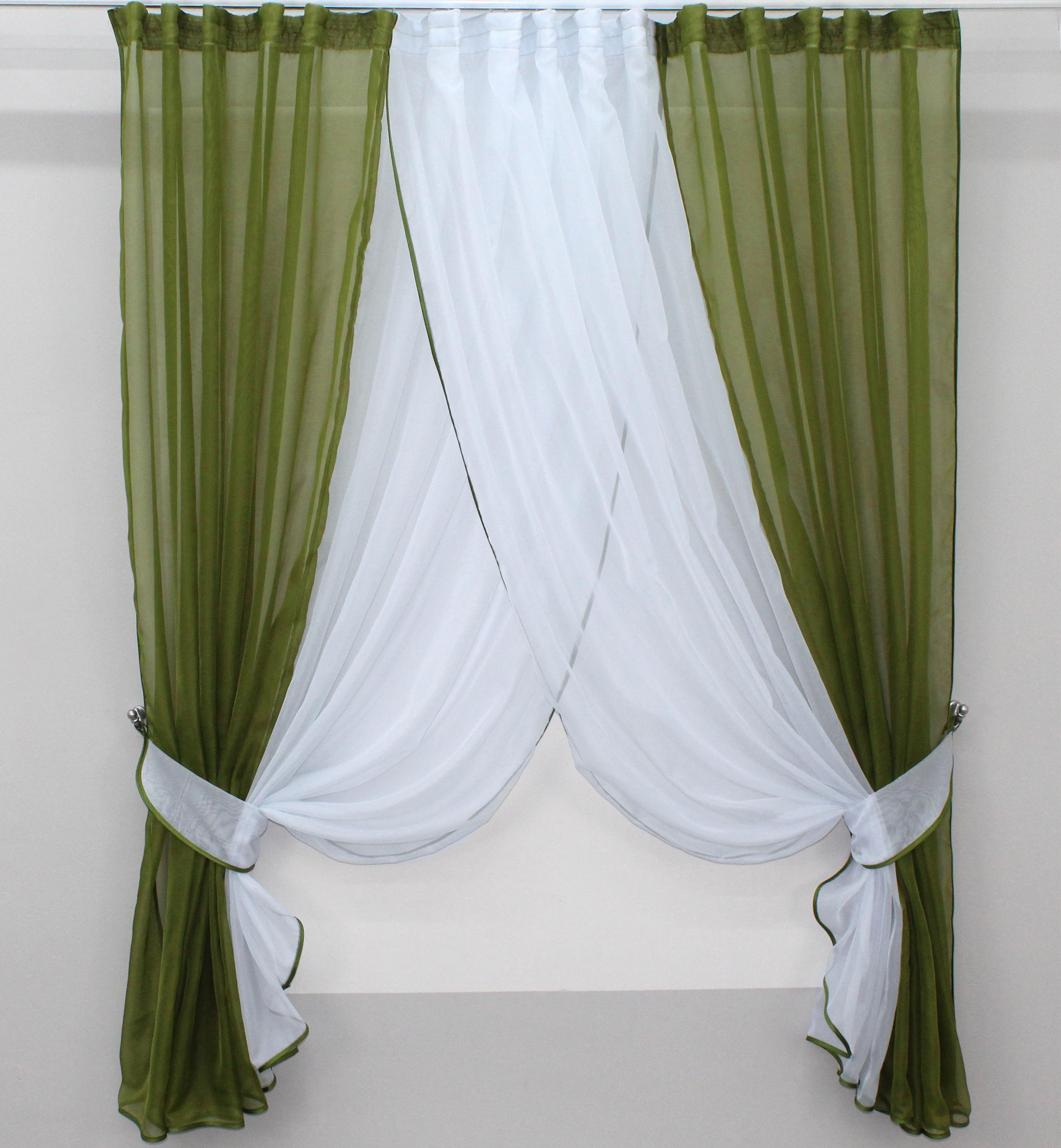 Шторы кухонные VR-Textil №096к с подвязками 400х170 см Оливковый/Белый (50-804) - фото 1