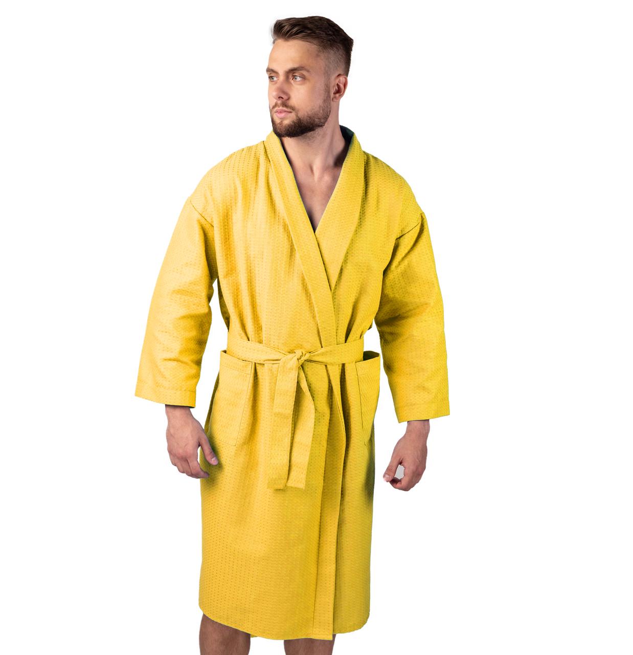 Чоловічий вафельний халат Luxyart Кімоно 100% бавовна S Жовтий (LS-1352)