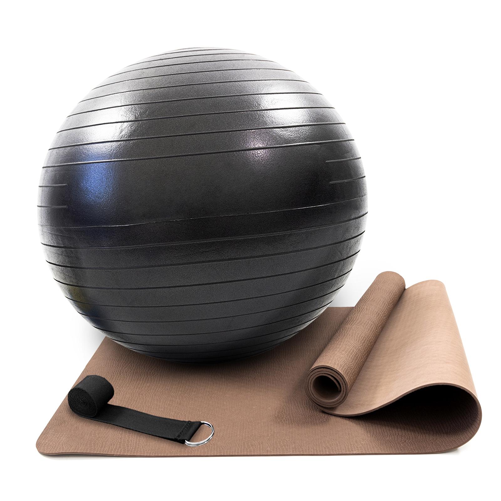 Коврик для йоги и фитнеса OSPORT Set 96 фитбол 75 см и ремнем для растяжки и йоги Коричнево-черный (n-0126)