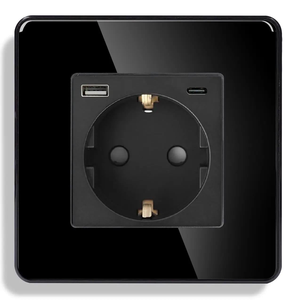 Розетка настенная ELIOS с USB A+C 20Вт с заземлением сенсорная/ 250В 16А стеклянная рамка Черный (TW-GAC-BK)