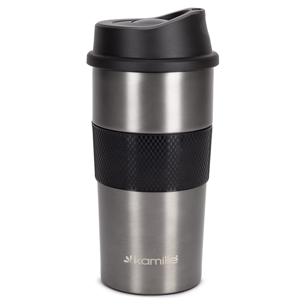 Термокружка Kamille KM-2150А из нержавеющей стали с TPR-вставкой 480 мл Стальной/Черный (150-84-2150А)