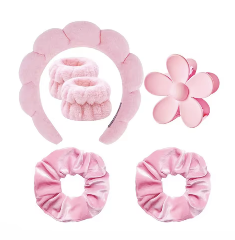 Набір аксесуарів для спа пов'язка для волосся/обруч/крабик/велюрова резинка та манжети 6 пр. Рожевий (33549768)