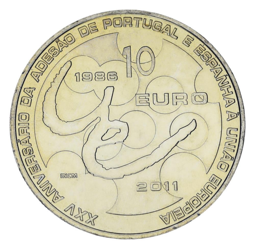 Коллекционная монета Португалия 10 евро 2011 UNC 25 лет вступления Португалии и Испании в Европейский Союз (М24433)
