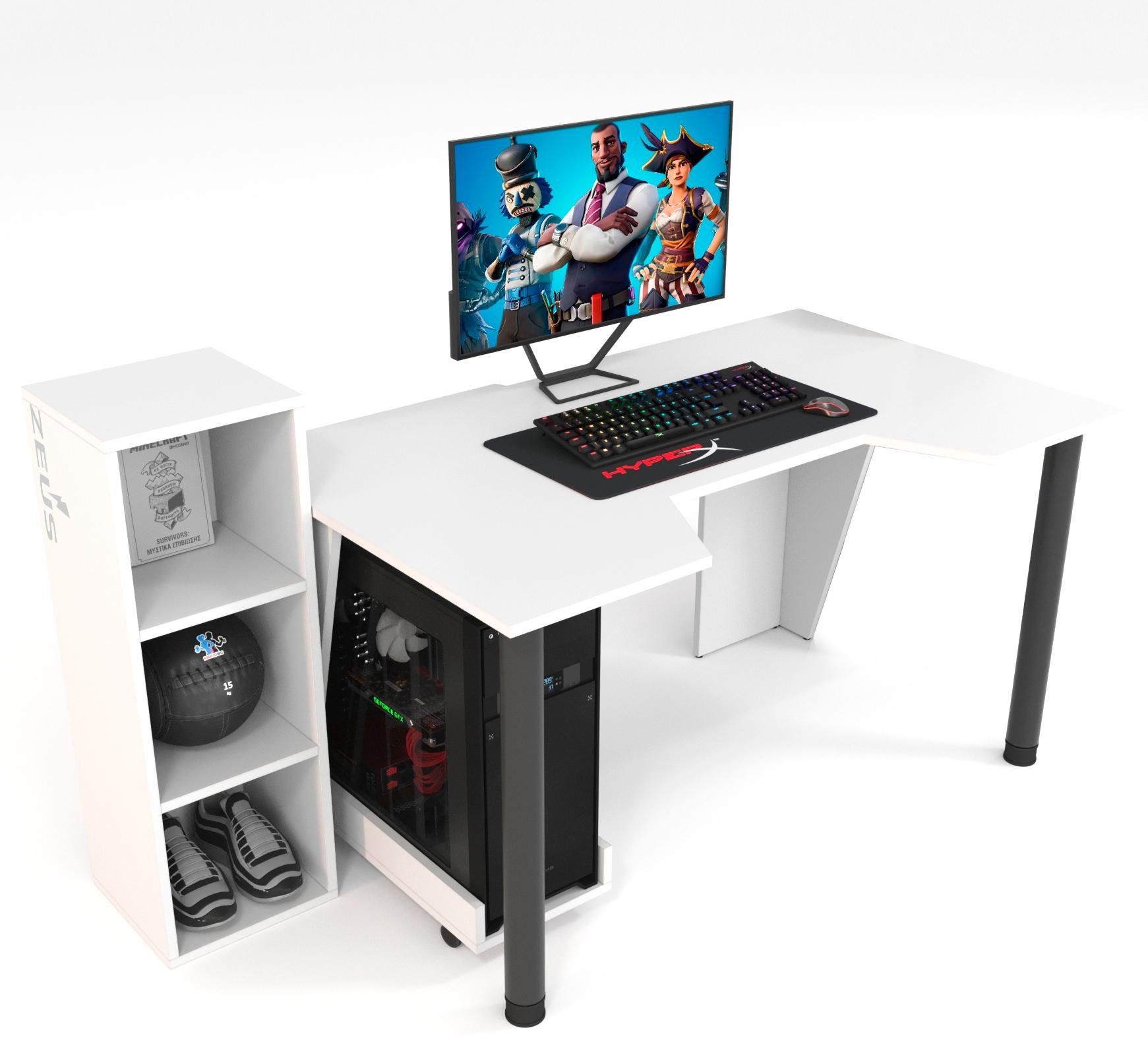 Стол геймерский Zeus GAMER-4 со стеллажом ЛДСП Белый (GM-4W)
