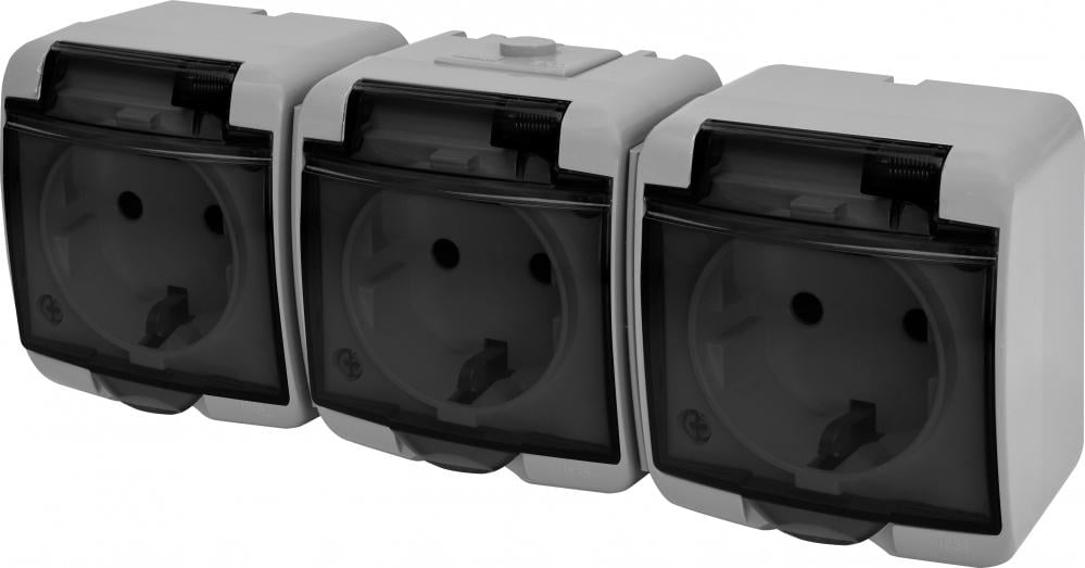 Розетка зовнішня потрійна ETI RHE-3sd-SR із заземленням/прозорою кришкою IP54 Сірий (4668075)