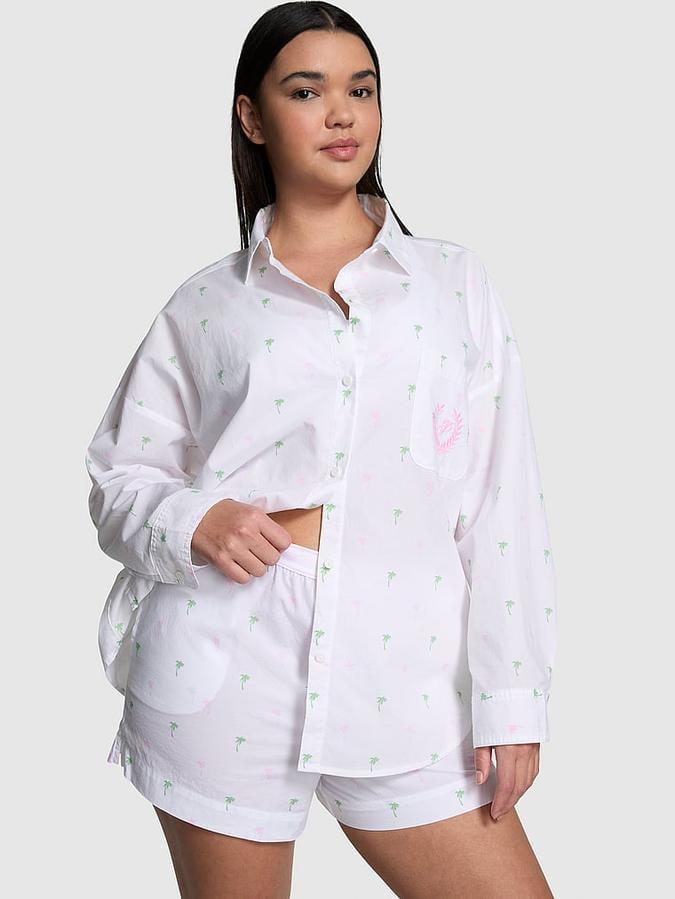 Піжама сорочка/шорти бавовна Victoria's Secret Cotton Poplin Oversized Button-Down Sleepshirt/Boxer Shorts S Білий (26813791\26809975)