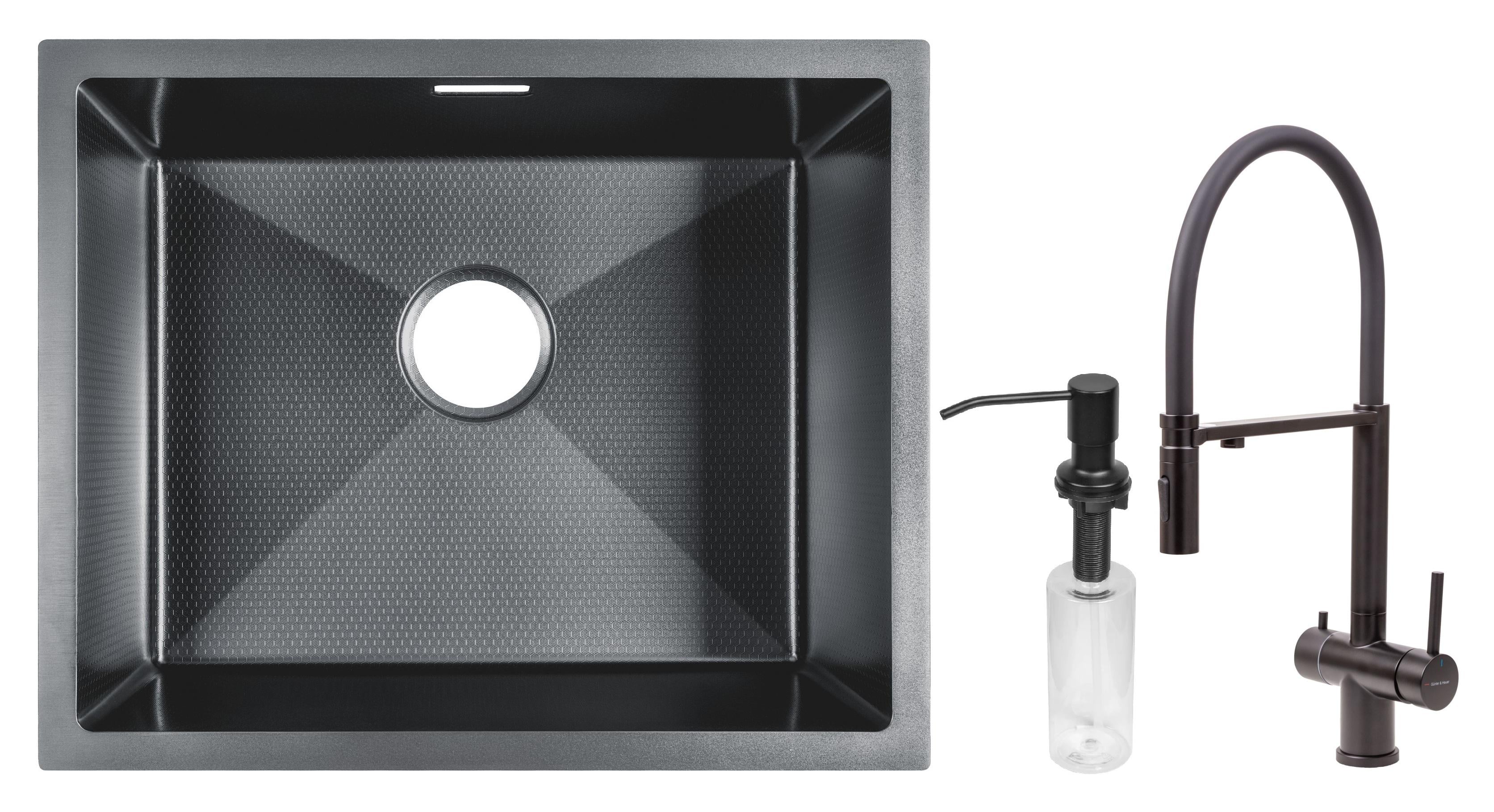 Мойка для кухни Gunter&Hauer Ruwer 5522 Black Honey с кухонным смесителем Gunter&Hauer BERG Black/дозатором SOAP DISPENSER Black (71605)