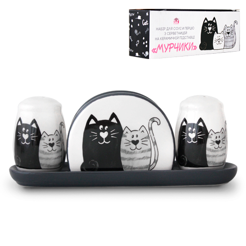Набор емкостей для соли и перца SNT Мурчики с салфетницей на керамической подставке 22,5х7х8 см (6912-19)