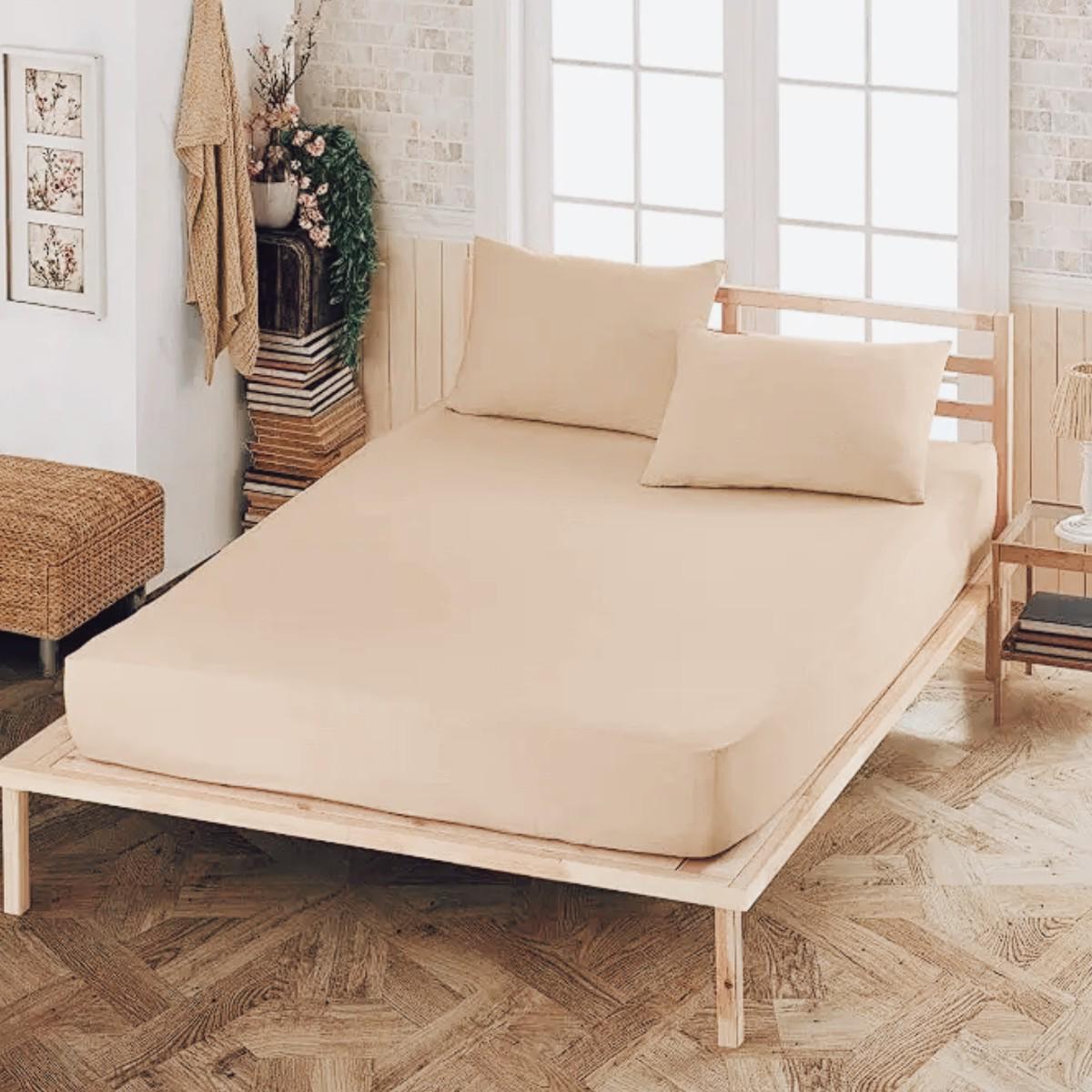 Простынь на резинке Koloco 160х200/25 см и 2 наволочки 50х70 см Бежевый (40905)