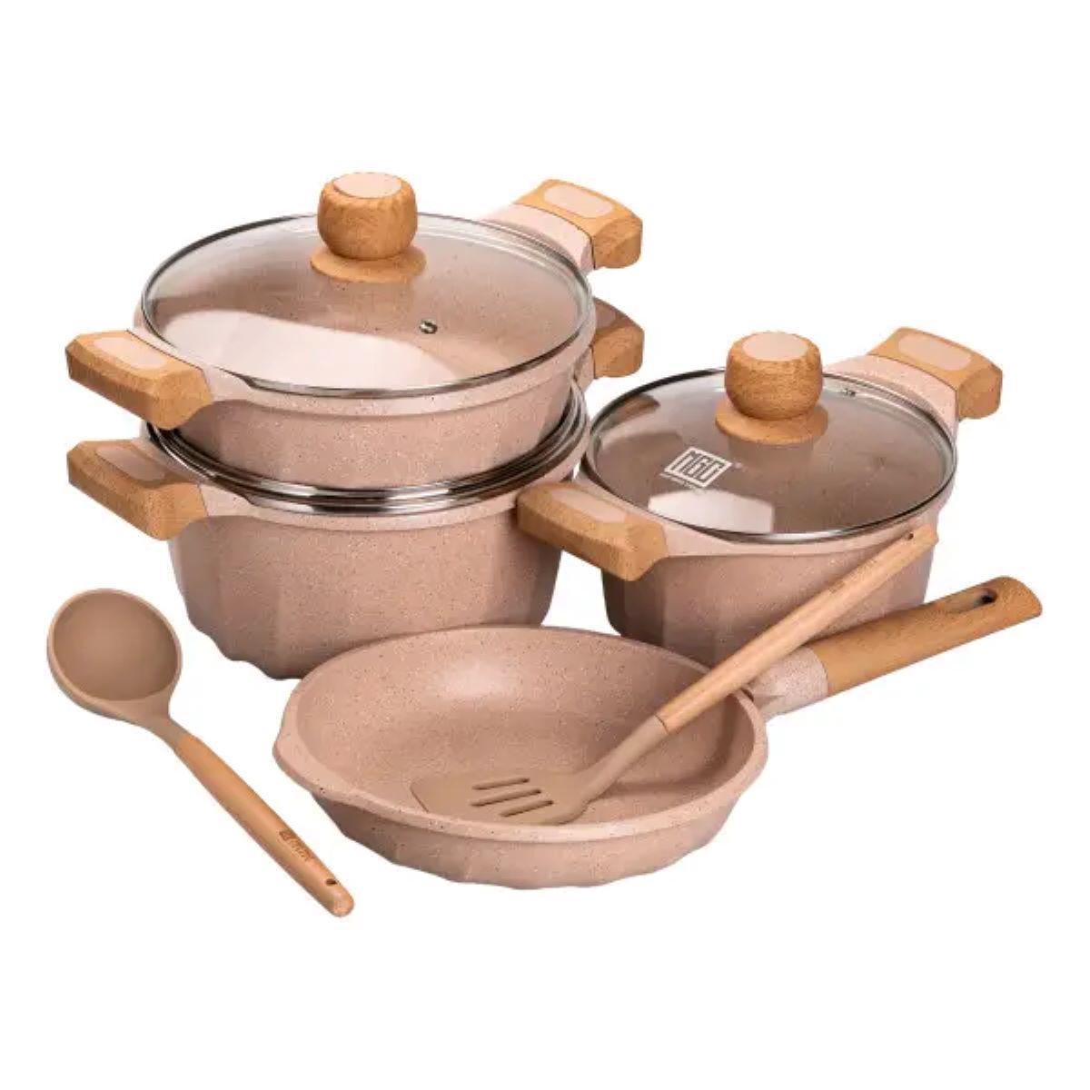 Набор посуды MGC кастрюли/сковородки алюминиевые толстодонная с лопаткой и половником Бежевый (5137)