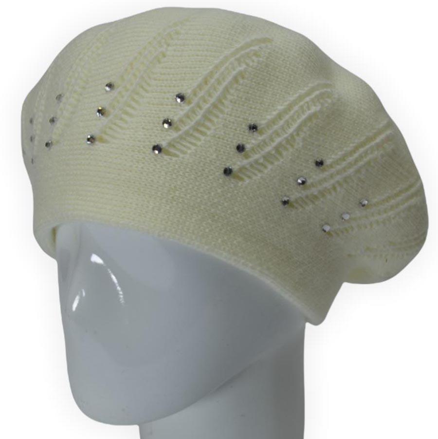 Берет Lirus Арника из шерсти двойной с стразами Молочный