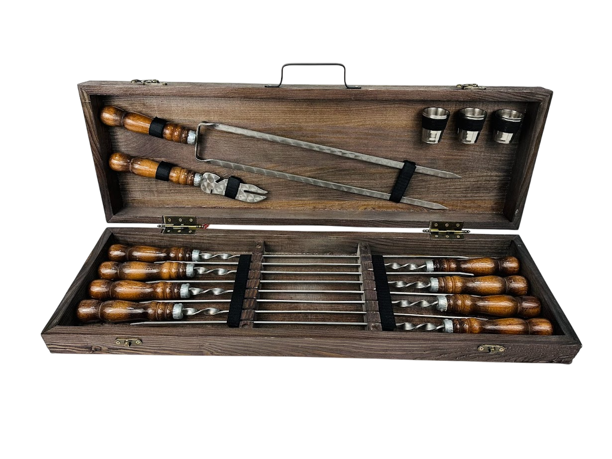 Набор шампуров ручной работы Кизляр с аксессуарами 16 предметов в кейсе 74х24х10 см Коричневый (124-10-KS-7614)