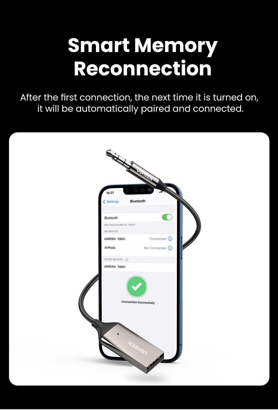 Адаптер UGREEN Bluetooth 5.3 приемник USB-3,5 мм minijack с микрофоном AUX стерео Черный (70601) - фото 13
