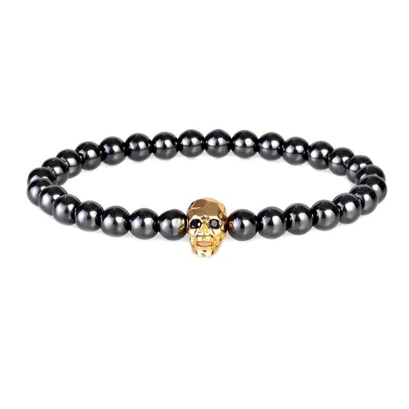 Браслет из гематита с черепом р. 19 Золотой/Черный (14006)