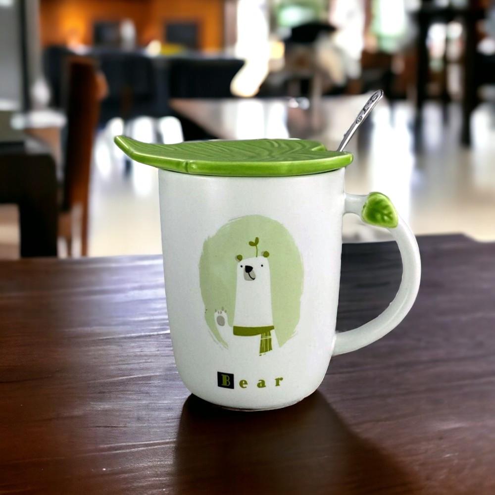 Кружка Зеленый лист/Медведь с крышкой и ложкой 350 мл (21-ведмідь-O8030-57) - фото 3