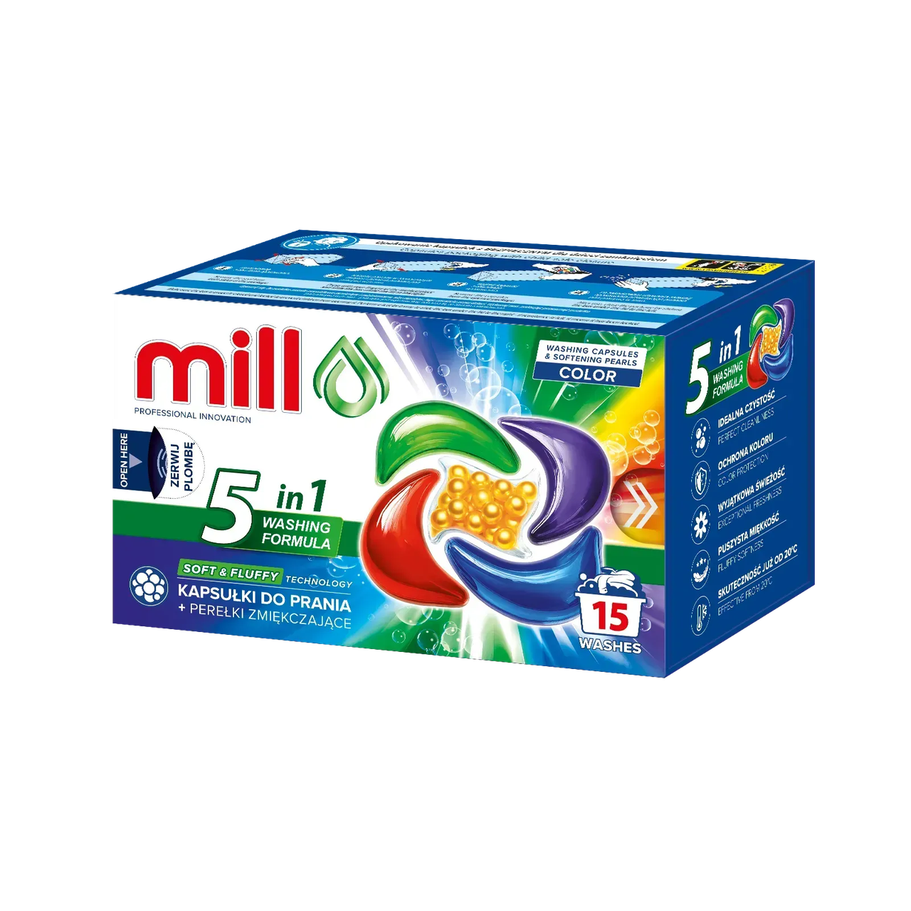Капсули для прання з пом'якшуючими перлинами MILL Color 5в1 15 шт.