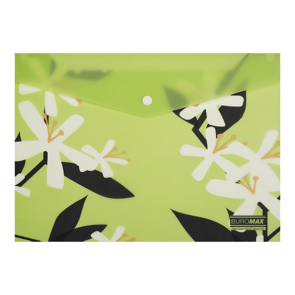 Папка-конверт А4 на кнопке Buromax PLUMERIA ARABESKI BM.3943-15 полупрозрачный матовый пластик Салатовый (4823126816289)