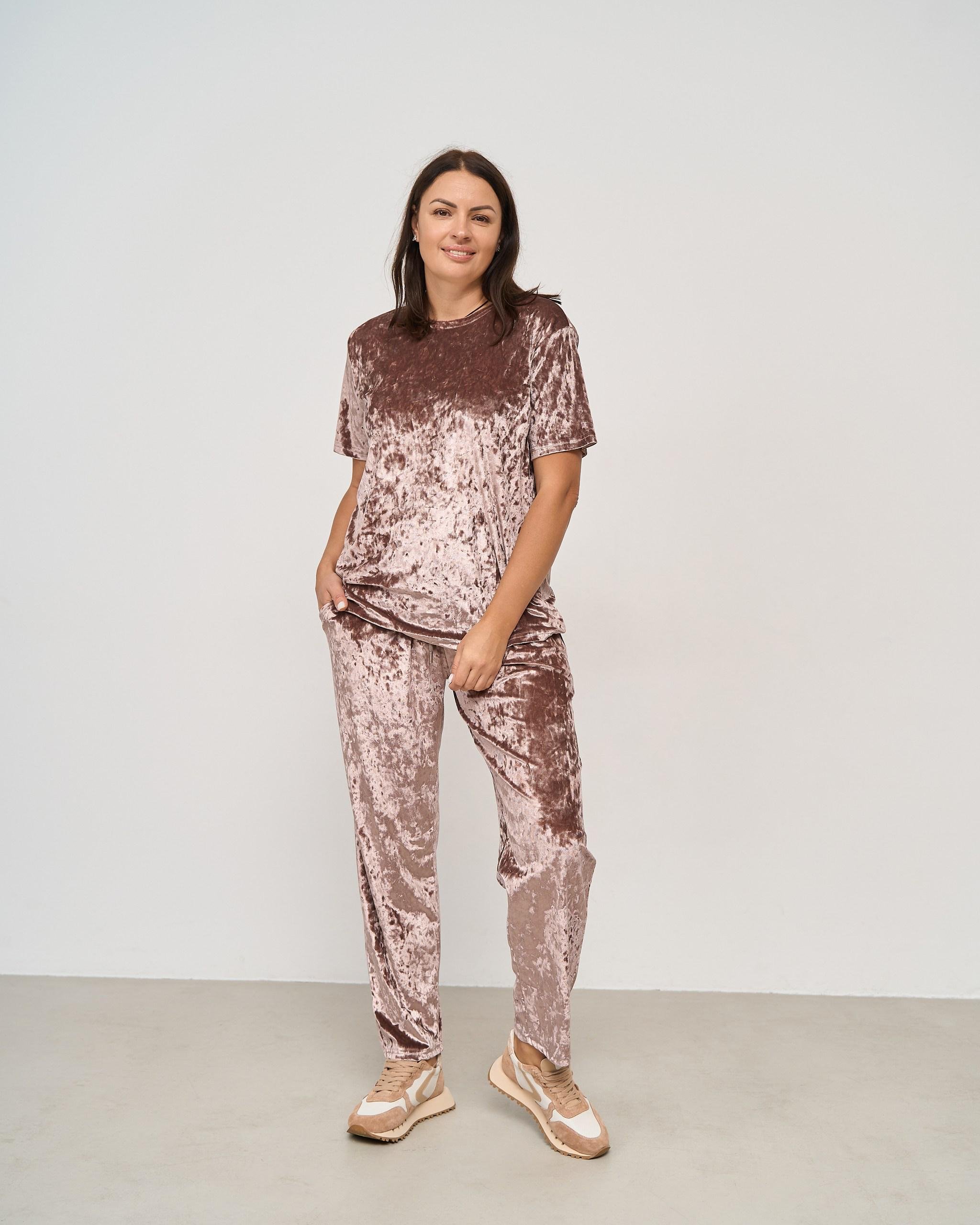 Пижама с брюками из мраморного велюра батал 4XL Светло-коричневый (87908)