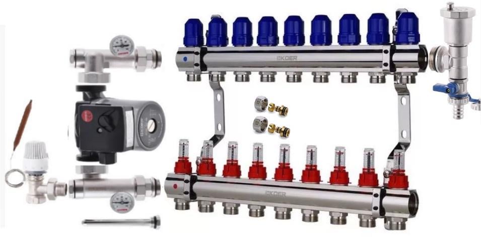 Коллектор для теплого пола KOER 9 контуров угловой комплект (9119321)