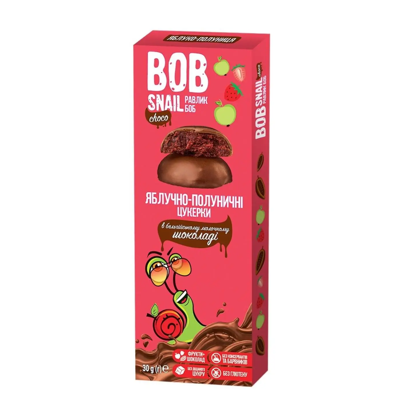 Цукерки Яблуко/Полуниця у бельгійському молочному шоколаді Bob Snail 30 г